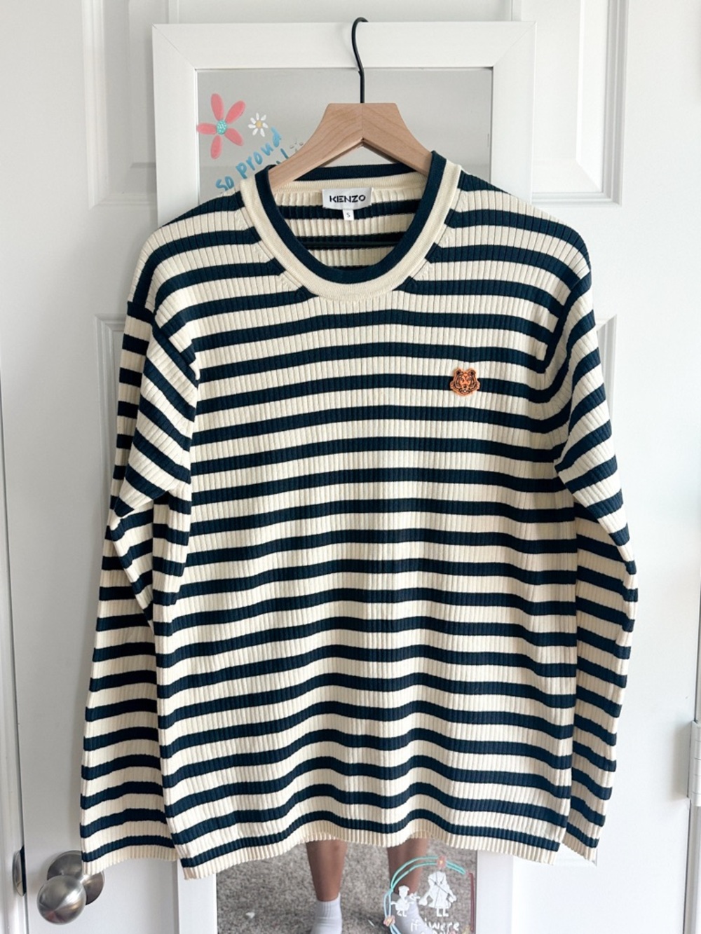 Kenzo Cream Crest Striped Logo-Embroidered Cotton Jumper S